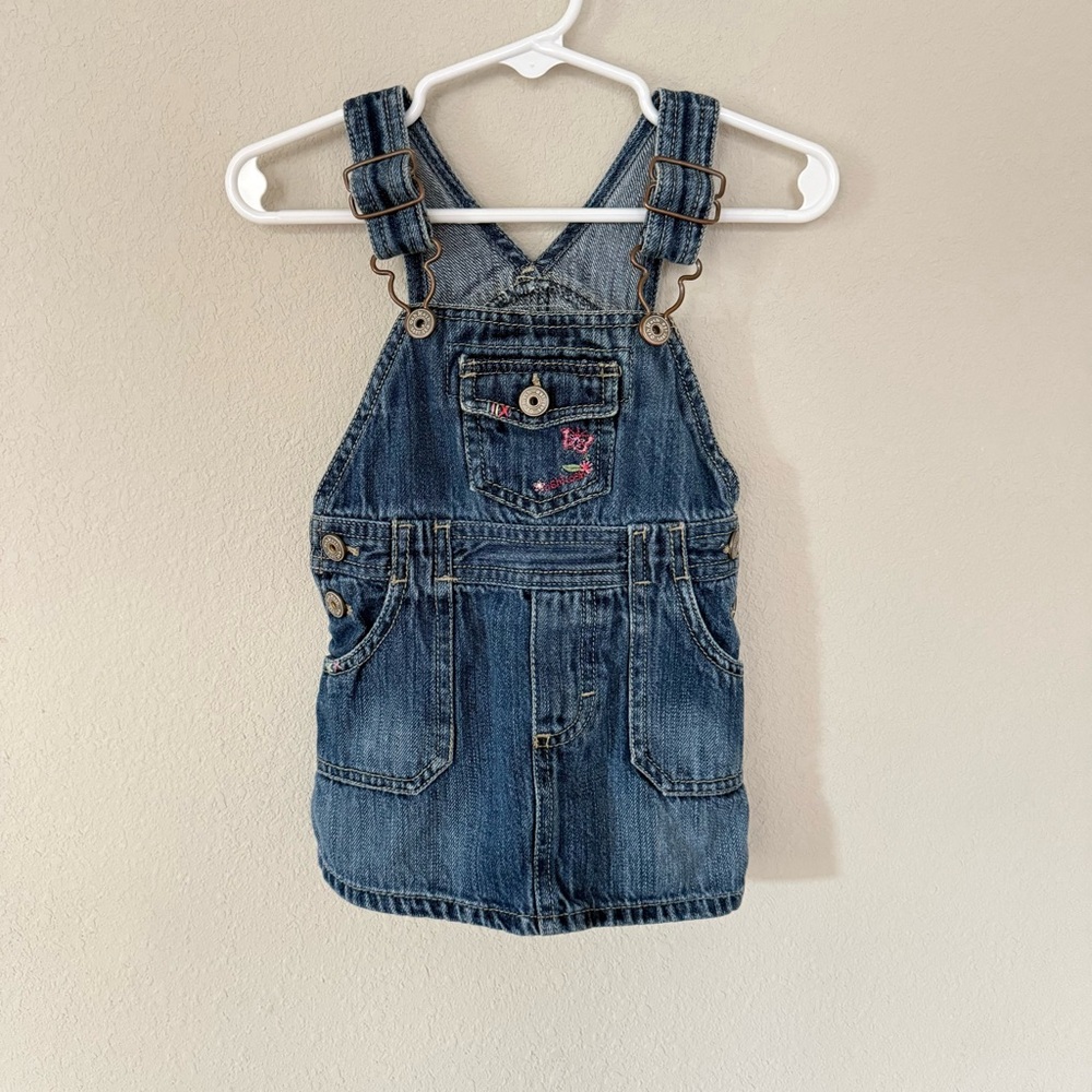 OshKosh Denim Jumper Dress Kids 12M Blue Butterfly Embroidered Overall Skirt
